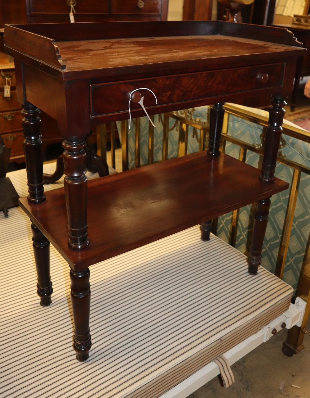 A Victorian mahogany two tier wash stand, stamped Wilkinson, Ludgate Hill, W.74cm, D.35cm, H.82cm